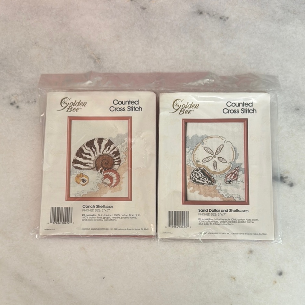 2 Golden Bee Counted Cross Stitch Kit - Conch Shell,  Sand Dollar and Shells